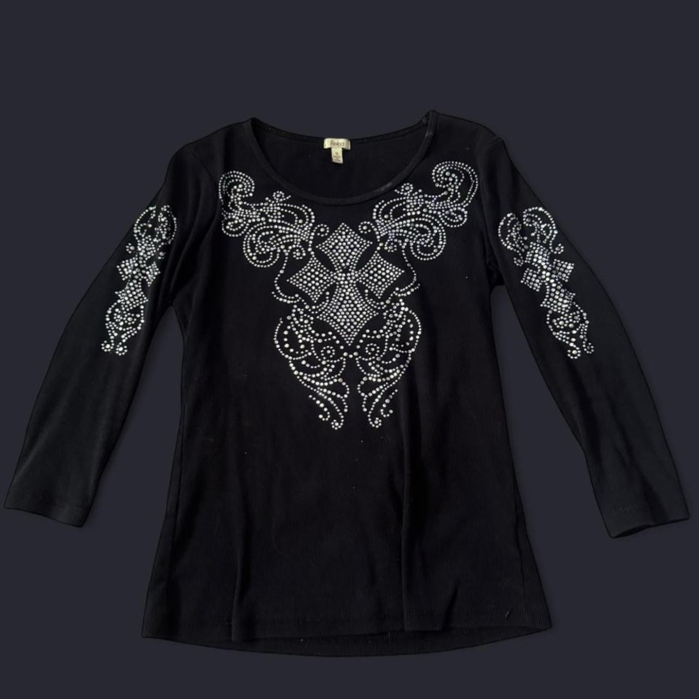 Reba Black Long Sleeve Top with Silver Embellishments